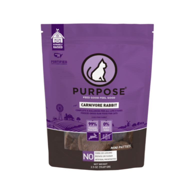 Purple package of Purpose Carnivore Rabbit cat food with a white cat silhouette on a purple background.