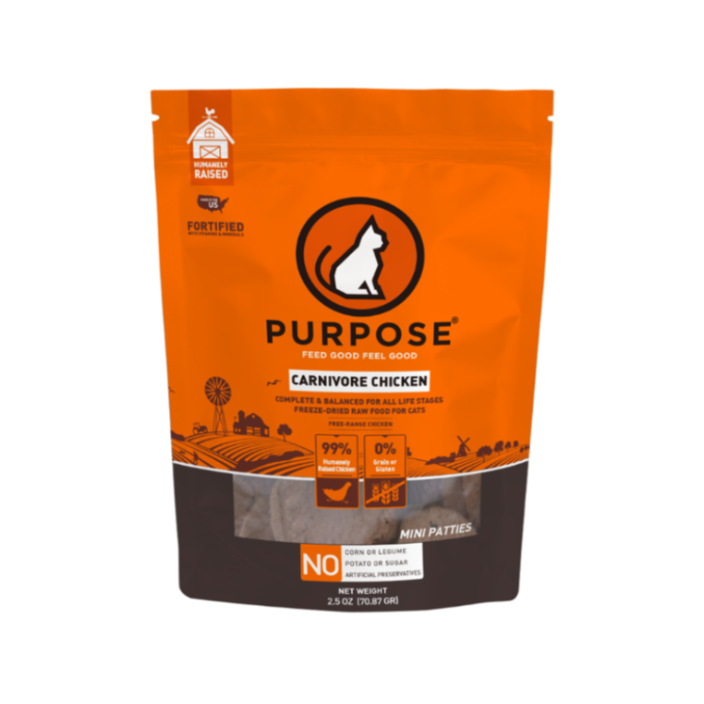 Orange and black packaging of Purpose Carnivore Chicken cat food with branding and product details.