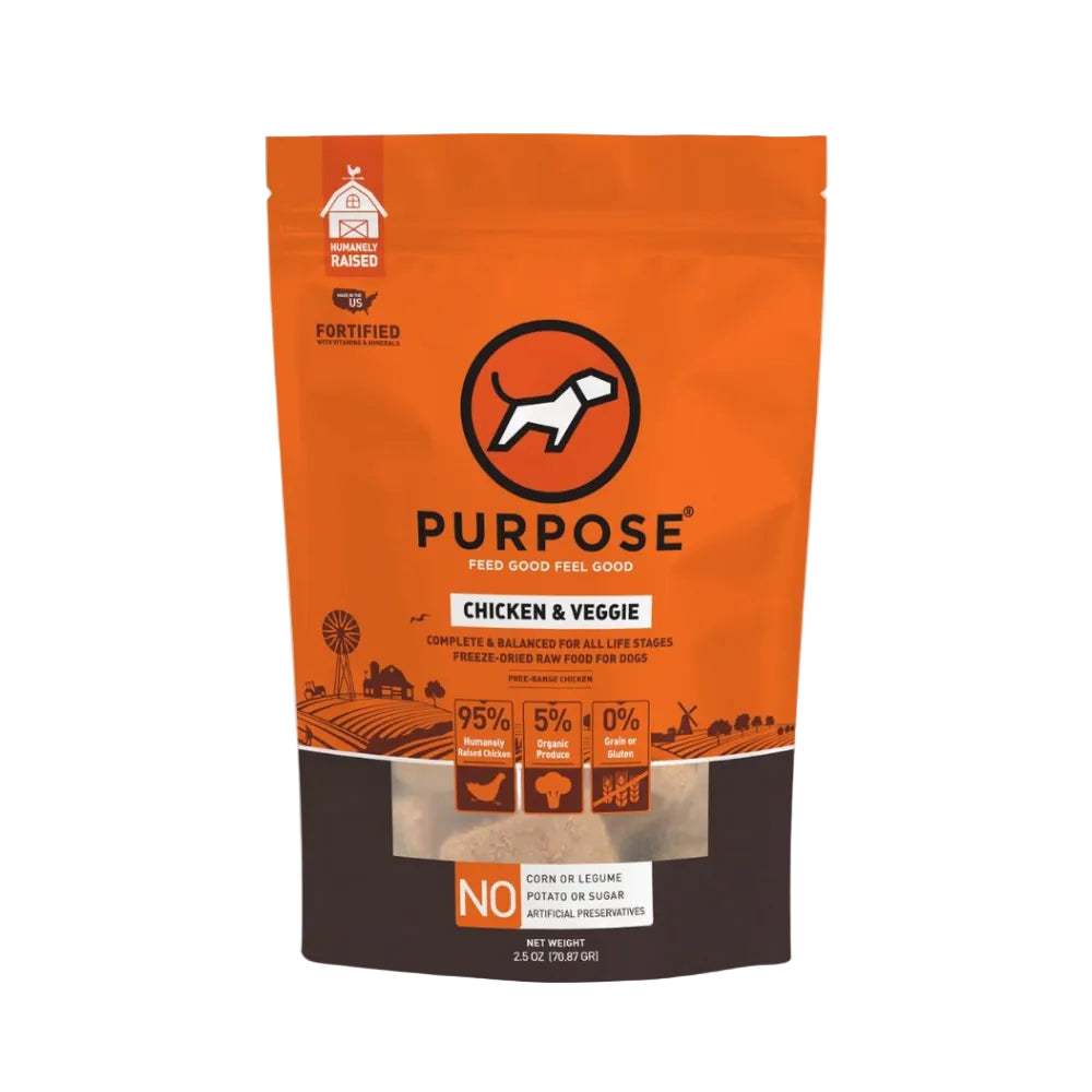Orange package of Purpose pet food with chicken and veggie label on a white background