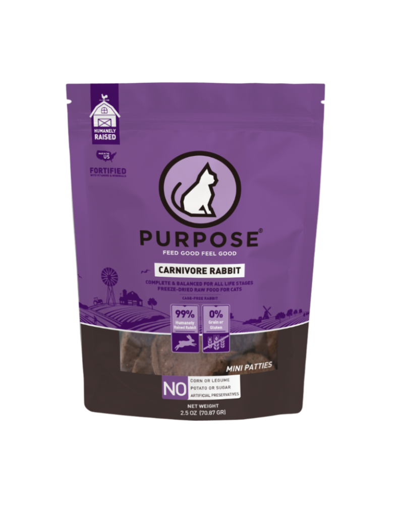 Purple package of Purpose Carnivore Rabbit cat food with a white cat silhouette on a purple background.