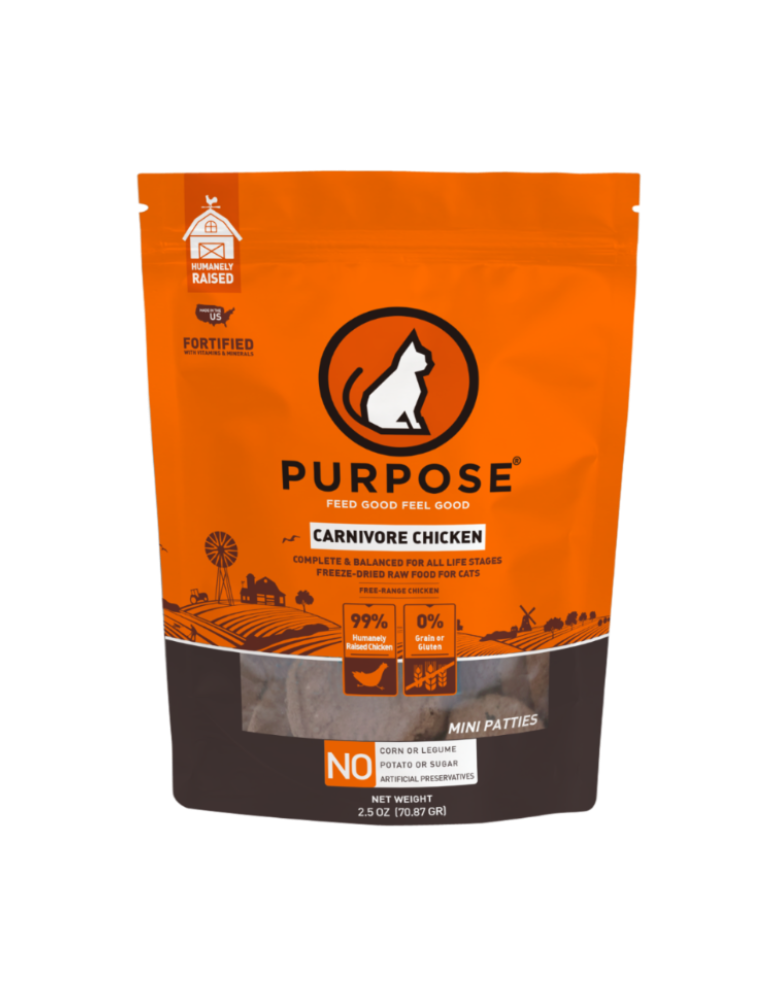 Orange and black packaging of Purpose Carnivore Chicken cat food with branding and product details.